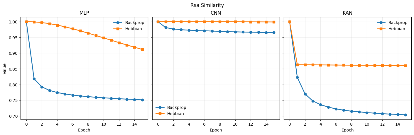 RSA similarity between backprop and Hebbian representations over training epochs, compared across MLP, CNN, and KAN architectures